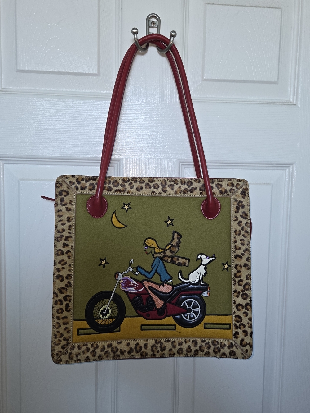 Nicole Miller VTG RARE "ARTFUL" Novelty Red  Handbag Leopard Calf HairTrim Tote